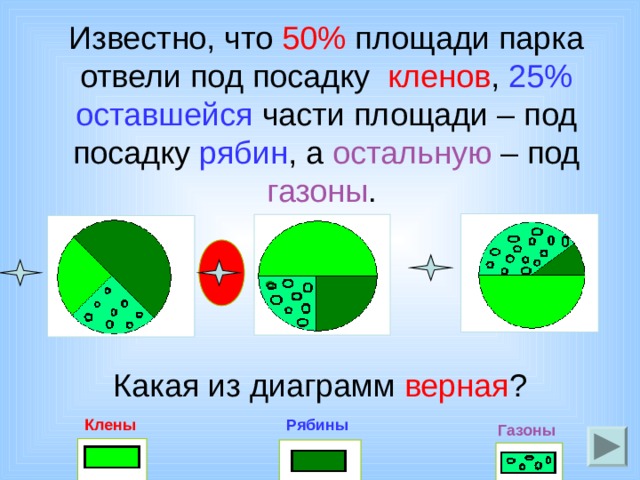   Известно, что 50% площади парка отвели под посадку кленов , 25% оставшейся части площади – под посадку рябин , а остальную – под газоны . Какая из диаграмм верная ? Клены  Рябины  Газоны  