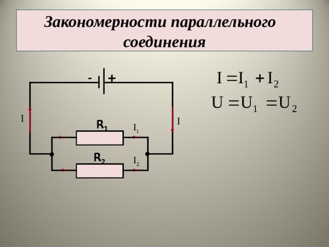 Закономерности параллельного соединения - + + - - + R 1 R 1 R 1 R 2 R 2 R 2 14 