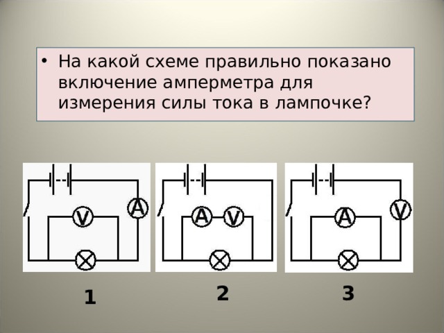На какой схеме правильно показано включение амперметра для измерения силы тока в лампочке? 2 3 1  
