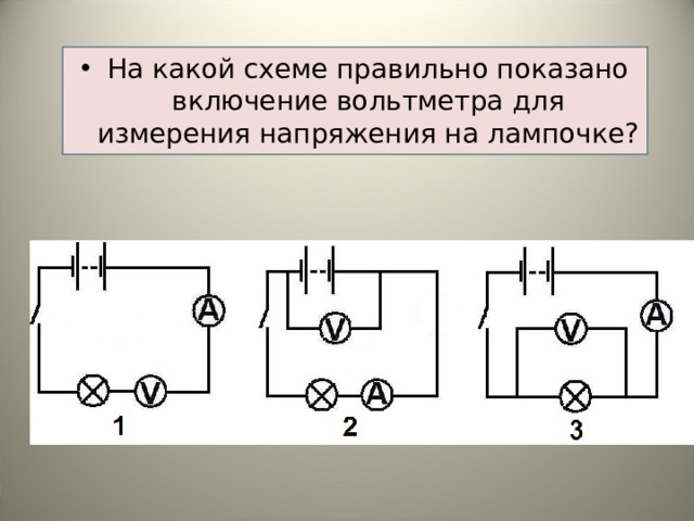 На какой схеме правильно показано включение вольтметра для измерения напряжения на лампочке?  
