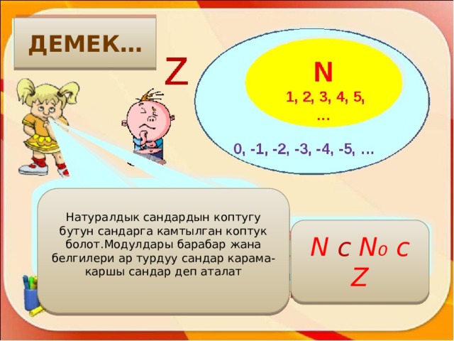 ДЕМЕК… Натуралдык сандардын коптугу бутун сандарга камтылган коптук болот.Модулдары барабар жана белгилери ар турдуу сандар карама-каршы сандар деп аталат N ᴄ N ₀ ᴄ Z 