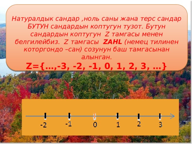      Натуралдык сандар ,ноль саны жана терс сандар БУТУН сандардын коптугун тузот. Бутун сандардын коптугун Z тамгасы менен белгилейбиз. Z тамгасы ZAHL (немец тилинен которгондо –сан) созунун баш тамгасынан алынган. Z={…,-3, -2, -1, 0, 1, 2, 3, …}  