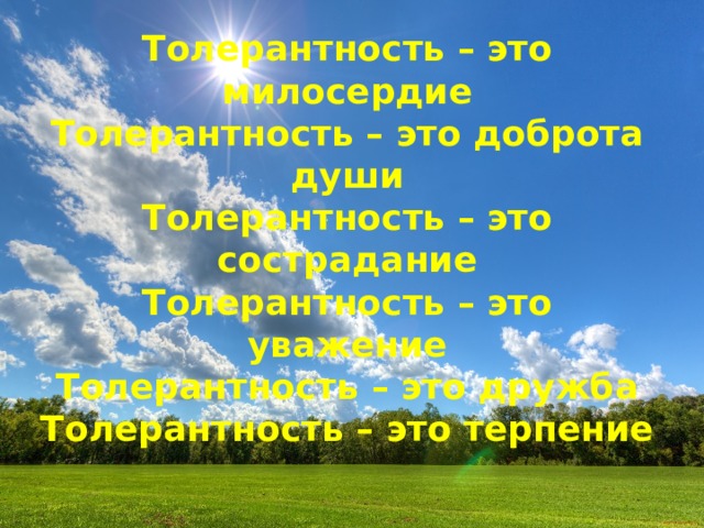 Толерантность – это милосердие  Толерантность – это доброта души  Толерантность – это сострадание  Толерантность – это уважение  Толерантность – это дружба  Толерантность – это терпение   