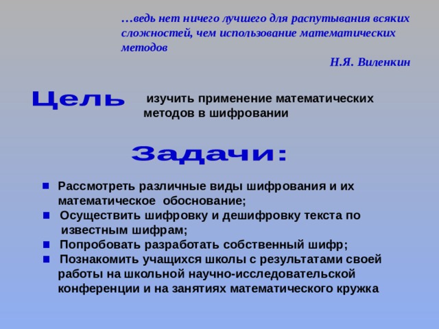 … ведь нет ничего лучшего для распутывания всяких сложностей, чем использование математических методов  Н.Я. Виленкин изучить применение математических методов в шифровании  Рассмотреть различные виды шифрования и их  математическое обоснование;  Осуществить шифровку и дешифровку текста по  известным шифрам;  Попробовать разработать собственный шифр;  Познакомить учащихся школы с результатами своей  работы на школьной научно-исследовательской  конференции и на занятиях математического кружка 