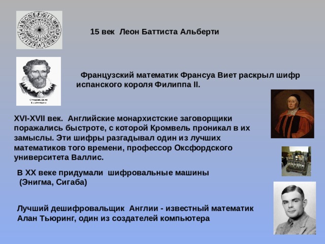 15 век Леон Баттиста Альберти Французский математик Франсуа Виет раскрыл шифр испанского короля Филиппа II. ХVI-ХVII век. Английские монархистские заговорщики поражались быстроте, с которой Кромвель проникал в их замыслы. Эти шифры разгадывал один из лучших математиков того времени, профессор Оксфордского университета Валлис. В ХХ веке придумали шифровальные машины  (Энигма, Сигаба) Лучший дешифровальщик Англии - известный математик Алан Тьюринг, один из создателей компьютера 