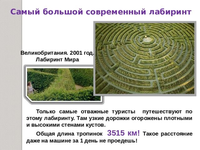 Самый большой современный лабиринт Великобритания. 2001 год. Лабиринт Мира Только самые отважные туристы путешествуют по этому лабиринту. Там узкие дорожки огорожены плотными и высокими стенами кустов. Общая длина тропинок 3515 км! Такое расстояние даже на машине за 1 день не проедешь! 