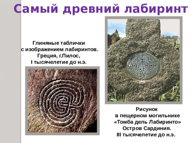 Самый древний лабиринт Глиняные таблички  с изображением лабиринтов.  Греция, г.Пилос,  I тысячелетие до н.э. Рисунок  в пещерном могильнике  «Томба дель Лабиринто» Остров Сардиния. III тысячелетие до н.э. 
