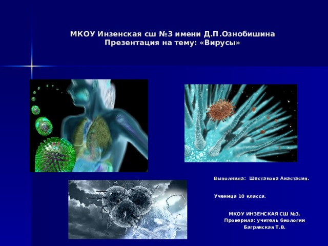   МКОУ Инзенская сш №3 имени Д.П.Ознобишина  Презентация на тему: «Вирусы»    Выполнила: Шестакова Анастасия. Ученица 10 класса. МКОУ ИНЗЕНСКАЯ СШ №3. Проверила: учитель биологии Багрянская Т.В.    