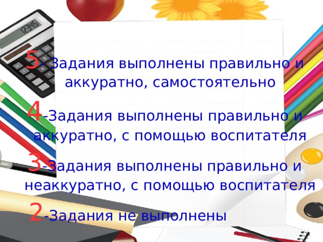 5 - Задания выполнены правильно и аккуратно, самостоятельно 4 -Задания выполнены правильно и аккуратно, с помощью воспитателя 3 -Задания выполнены правильно и неаккуратно, с помощью воспитателя 2 -Задания не выполнены 