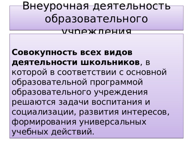 Внеурочная деятельность образовательного учреждения С овокупность всех видов деятельности школьников , в которой в соответствии с основной образовательной программой образовательного учреждения решаются задачи воспитания и социализации, развития интересов, формирования универсальных учебных действий. 