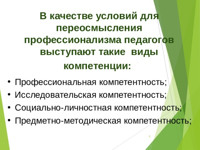 В качестве условий для переосмысления профессионализма педагогов выступают  такие виды компетенции:  Профессиональная компетентность; Исследовательская компетентность; Социально-личностная компетентность; Предметно-методическая компетентность;  