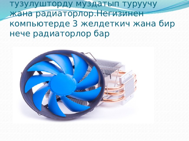 Муздатуу системасы Бул компьютердин ичиндеги тузулушторду муздатып туруучу жана радиаторлор.Негизинен компьютерде 3 желдеткич жана бир нече радиаторлор бар 