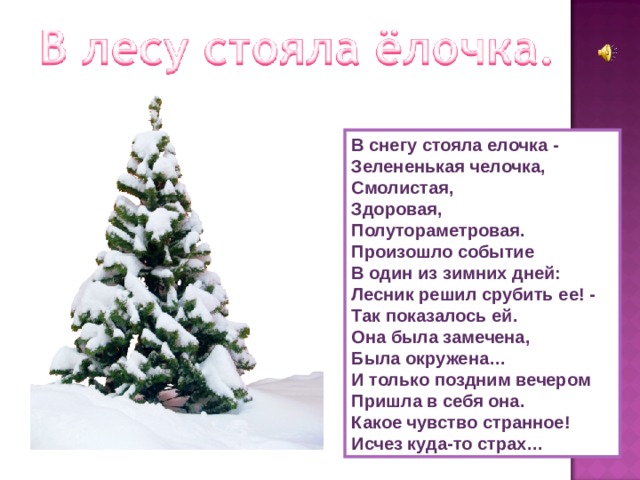 В снегу стояла елочка -  Зелененькая челочка,  Смолистая,  Здоровая,  Полутораметровая.  Произошло событие  В один из зимних дней:  Лесник решил срубить ее! -  Так показалось ей.  Она была замечена,  Была окружена…  И только поздним вечером  Пришла в себя она.  Какое чувство странное!  Исчез куда-то страх… 