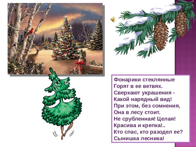 Фонарики стеклянные  Горят в ее ветвях.  Сверкают украшения -  Какой нарядный вид!  При этом, без сомнения,  Она в лесу стоит.  Не срубленная! Целая!  Красива и крепка!..  Кто спас, кто разодел ее?  Сынишка лесника! 