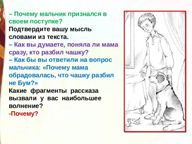 – Почему мальчик признался в своем поступке? Подтвердите вашу мысль словами из текста.   – Как вы думаете, поняла ли мама сразу, кто разбил чашку?   – Как бы вы ответили на вопрос мальчика: «Почему мама обрадовалась, что чашку разбил не Бум?»   Какие  фрагменты  рассказа  вызвали  у  вас  наибольшее  волнение? -Почему? 