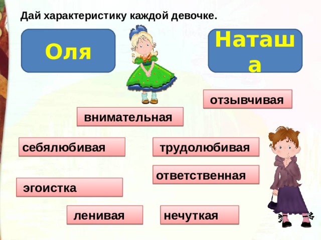Дай характеристику каждой девочке. Оля Наташа  отзывчивая  внимательная себялюбивая  трудолюбивая ответственная  эгоистка  ленивая нечуткая 