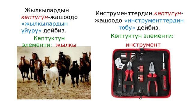  Жылкылардын көптүгүн -жашоодо «жылкылардын үйүрү» дейбиз. Инструменттердин көптүгүн -жашоодо «инструменттердин тобу» дейбиз.   Көптүктүн элементи: инструмент Көптүктүн элементи: жылкы 
