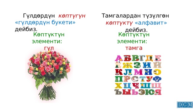Гүлдөрдүн көптүгүн  Тамгалардан түзүлгөн көптүктү  «алфавит» дейбиз. «гүлдөрдүн букети» дейбиз. Көптүктүн элементи: Көптүктүн элементи: гүл тамга 