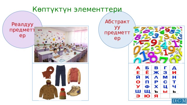 Көптүктүн элементтери Реалдуу предметтер Абстрактуу предметтер 