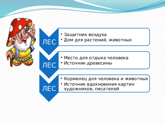 ЛЕС Защитник воздуха Дом для растений, животных Защитник воздуха Дом для растений, животных ЛЕС Место для отдыха человека Источник древесины Место для отдыха человека Источник древесины ЛЕС Кормилец для человека и животных Источник вдохновения картин художников, писателей Кормилец для человека и животных Источник вдохновения картин художников, писателей 