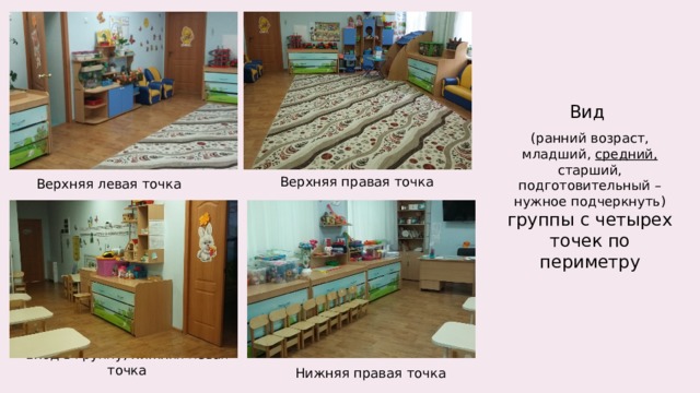 Вид (ранний возраст, младший, средний, старший, подготовительный – нужное подчеркнуть) группы с четырех точек по периметру Верхняя левая точка Верхняя правая точка Вход в группу, нижняя левая точка Нижняя правая точка  