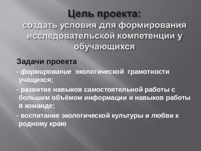 Задачи проекта - формирование экологической грамотности учащихся; - развитие навыков самостоятельной работы с большим объёмом информации и навыков работы в команде; - воспитание экологической культуры и любви к родному краю 