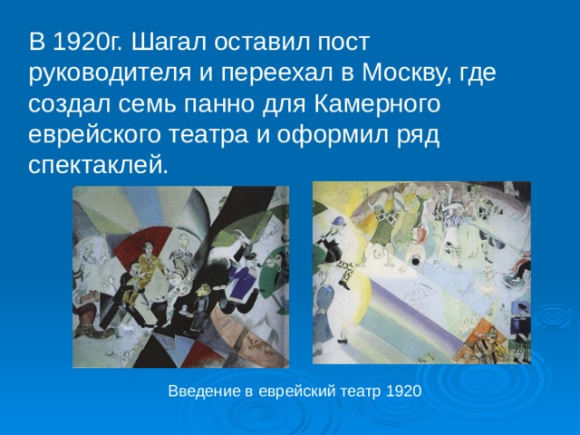 В 1920г. Шагал оставил пост руководителя и переехал в Москву, где создал семь панно для Камерного еврейского театра и оформил ряд спектаклей. Введение в еврейский театр 1920 