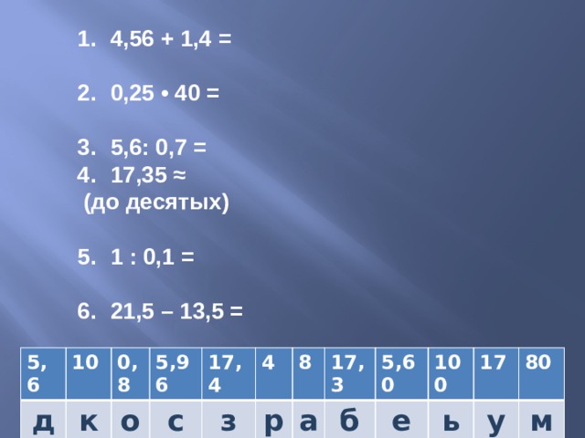  4,56 + 1,4 = 0,25 • 40 = 5,6: 0,7 = 17,35 ≈  (до десятых) 1 : 0,1 = 21,5 – 13,5 =  5,6 10 д 0,8 к 5,96 о 17,4 с з 4 8 р 17,3 а 5,60 б е 100 17 ь 80 у м  