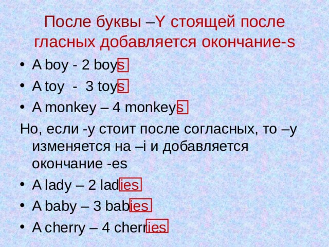 После буквы  – Y стоящей после гласных добавляется окончание- s A boy - 2 boy s  A toy - 3 toy s A monkey – 4 monkey s Но , если -у стоит после согласных, то –у изменяется на –i и добавляется окончание - es A lady – 2 lad ies A baby – 3 bab ies A cherry – 4 cherr ies 