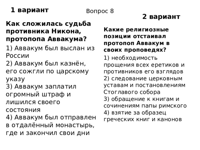 1 вариант Вопрос 8 2 вариант Как сложилась судьба противника Никона, протопопа Ав­вакума? 1) Аввакум был выслан из России  2) Аввакум был казнён, его сожгли по царскому указу  3) Аввакум заплатил огромный штраф и лишился своего состояния  4) Аввакум был отправлен в отдалённый монастырь, где и закончил свои дни Какие религиозные позиции отстаивал протопоп Аввакум в своих проповедях? 1) необходимость прощения всех еретиков и противников его взглядов  2) следование церковным уставам и постановлениям Сто­главого собора  3) обращение к книгам и сочинениям папы римского  4) взятие за образец греческих книг и канонов 