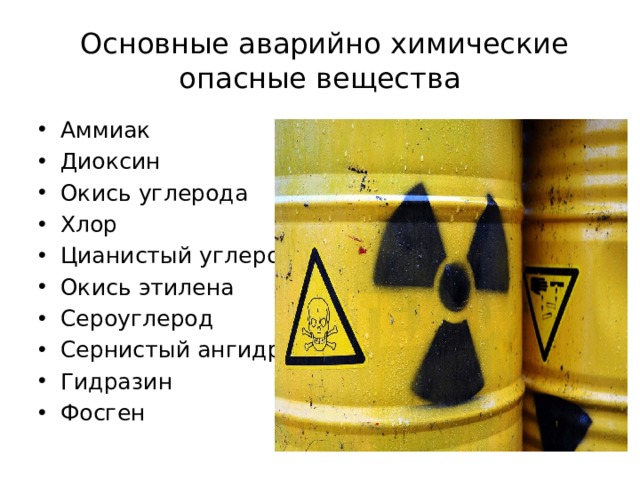  Основные аварийно химические опасные вещества Аммиак Диоксин Окись углерода Хлор Цианистый углерод Окись этилена Сероуглерод Сернистый ангидрит Гидразин Фосген 