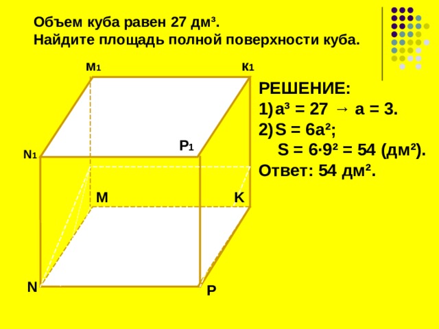 Объем куба равен 27 дм ³ . Найдите площадь полной поверхности куба.   к 1 м 1 РЕШЕНИЕ: а ³ = 27 → а = 3. S = 6а ² ;  S = 6 ∙ 9 ² = 54 (дм ² ). Ответ: 54 дм ² .  P 1 N 1 K M  N P 