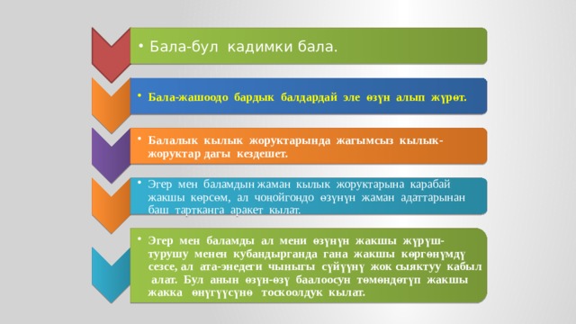 Бала-бул кадимки бала. Бала-бул кадимки бала. Бала-жашоодо бардык балдардай эле өзүн алып жүрөт. Бала-жашоодо бардык балдардай эле өзүн алып жүрөт. Балалык кылык жоруктарында жагымсыз кылык-жоруктар дагы кездешет. Балалык кылык жоруктарында жагымсыз кылык-жоруктар дагы кездешет. Эгер мен баламдын жаман кылык жоруктарына карабай жакшы көрсөм, ал чоңойгондо өзүнүн жаман адаттарынан баш тартканга аракет кылат. Эгер мен баламдын жаман кылык жоруктарына карабай жакшы көрсөм, ал чоңойгондо өзүнүн жаман адаттарынан баш тартканга аракет кылат. Эгер мен баламды ал мени өзүнүн жакшы жүрүш-турушу менен кубандырганда гана жакшы көргөнүмдү сезсе, ал ата-энедеги чыныгы сүйүүнү жок сыяктуу кабыл алат. Бул анын өзүн-өзү баалоосун төмөндөтүп жакшы жакка өнүгүүсүнө тоскоолдук кылат. Эгер мен баламды ал мени өзүнүн жакшы жүрүш-турушу менен кубандырганда гана жакшы көргөнүмдү сезсе, ал ата-энедеги чыныгы сүйүүнү жок сыяктуу кабыл алат. Бул анын өзүн-өзү баалоосун төмөндөтүп жакшы жакка өнүгүүсүнө тоскоолдук кылат. 