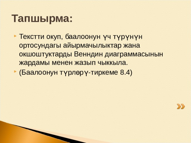Тапшырма: Текстти окуп, баалоонун үч түрүнүн ортосундагы айырмачылыктар жана окшоштуктарды Венндин диаграммасынын жардамы менен жазып чыккыла. (Баалоонун түрлөрү-тиркеме 8.4) 