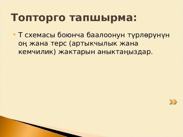 Тапшырма: 1.Баалоонун кандай түрү менен бааланды? Эмне үчүн мындай деп ойлойсуз? 2. Үй-бүлөөнүн, мугалимдин кийинки кадамдары. 3. Калыптандыруучу баалоо болуш үчүн мугалим эмне кылуу керек? 