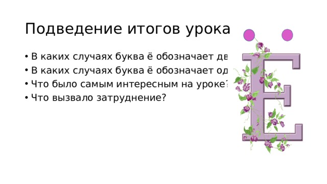 Подведение итогов урока В каких случаях буква ё обозначает два звука? В каких случаях буква ё обозначает один звук? Что было самым интересным на уроке? Что вызвало затруднение? 