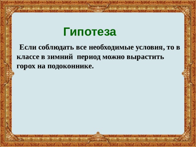  Гипотеза  Если соблюдать все необходимые условия, то в классе в зимний период можно вырастить горох на подоконнике .   