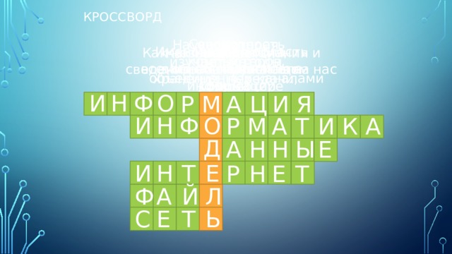 Кроссворд Совокупность компьютеров, объединённых каналами связи для обмена информацией Наука, которая изучает методы хранения, передачи, обработки информации Именованная область данных на носителе информации Информация, обрабатываемая на компьютере Как называются знания и сведения об окружающем нас мире? Как называется всемирная глобальная сеть? И Н Ф О И Р М А Ц Я И Ф О Н И А Р М А К Т Д А Н Н Ы Е И Н Е Т Р Н Е Т Ф А Й Л С Е Т Ь 
