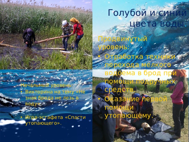  Голубой и синий цвета воды . Продвинутый уровень: Отработка техники перехода мелкого водоема в брод при помощи подручных средств. Оказание первой помощи утопающему. Начальный уровень: Викторина на тему «Не зная брода не лезь в воду». Игра-эстафета «Спасти утопающего». 