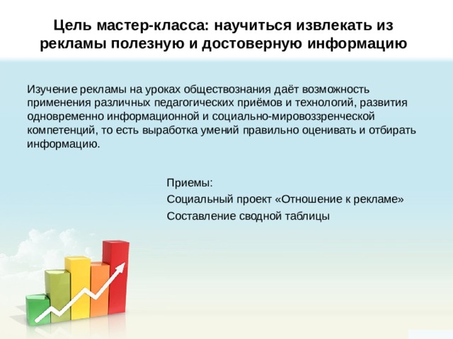 Цель мастер-класса: научиться извлекать из рекламы полезную и достоверную информацию   Изучение рекламы на уроках обществознания даёт возможность применения различных педагогических приёмов и технологий, развития одновременно информационной и социально-мировоззренческой компетенций, то есть выработка умений правильно оценивать и отбирать информацию. Приемы: Социальный проект «Отношение к рекламе» Составление сводной таблицы 