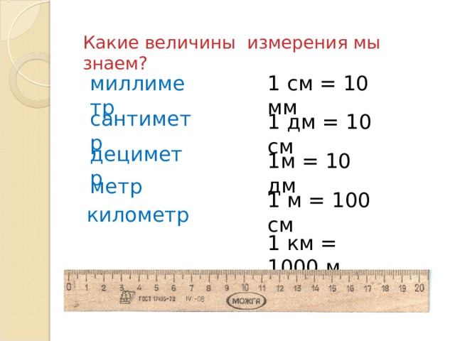 Какие величины измерения мы знаем? миллиметр 1 см = 10 мм  сантиметр 1 дм = 10 см дециметр 1м = 10 дм метр 1 м = 100 см километр 1 км = 1000 м 