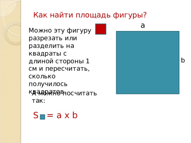 Как найти площадь фигуры? a Можно эту фигуру разрезать или разделить на квадраты с длиной стороны 1 см и пересчитать, сколько получилось квадратов. b А можно посчитать так: S = a х b 