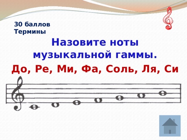 Назовите ноты музыкальной гаммы. До, Ре, Ми, Фа, Соль, Ля, Си 30 баллов  Термины   