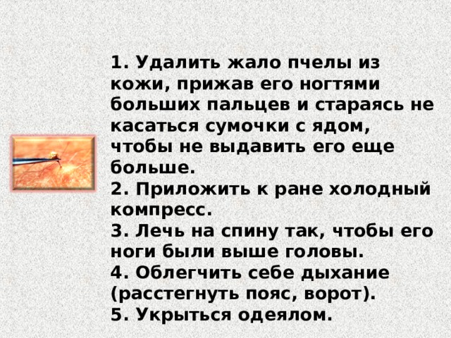 1. Удалить жало пчелы из кожи, прижав его ногтями больших пальцев и стараясь не касаться сумочки с ядом, чтобы не выдавить его еще больше. 2. Приложить к ране холодный компресс. 3. Лечь на спину так, чтобы его ноги были выше головы. 4. Облегчить себе дыхание (расстегнуть пояс, ворот). 5. Укрыться одеялом. 