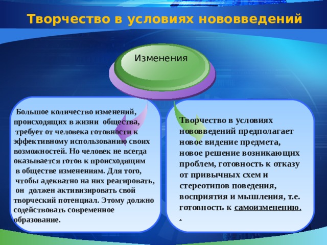 Творчество в условиях нововведений Изменения  Большое количество изменений, происходящих в жизни общества,  требует от человека готовности к эффективному использованию своих возможностей. Но человек не всегда оказывается готов к происходящим  в обществе изменениям. Для того,  чтобы адекватно на них реагировать,  он должен активизировать свой творческий потенциал. Этому должно содействовать современное образование. Творчество в условиях нововведений предполагает новое видение предмета, новое решение возникающих проблем, готовность к отказу от привычных схем и стереотипов поведения, восприятия и мышления, т.е. готовность к самоизменению . . 