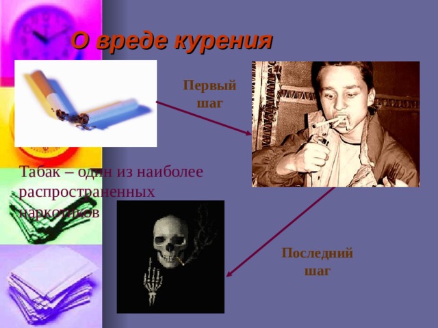 О вреде курения Первый шаг Табак – один из наиболее распространенных наркотиков Последний шаг 