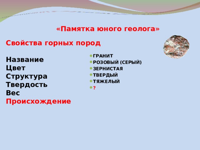 «Памятка юного геолога»   Свойства горных пород  Название Цвет Структура Твердость Вес Происхождение ГРАНИТ РОЗОВЫЙ (СЕРЫЙ) ЗЕРНИСТАЯ ТВЕРДЫЙ ТЯЖЕЛЫЙ ?  