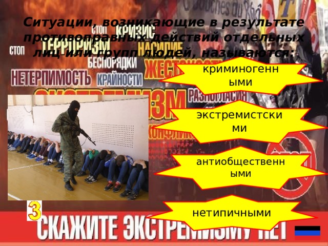 Ситуации, возникающие в результате противоправных действий отдельных лиц или групп людей, называются: криминогенными экстремистскими антиобщественными нетипичными 