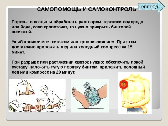 ВПЕРЕД САМОПОМОЩЬ И САМОКОНТРОЛЬ Порезы и ссадины обработать раствором перекиси водорода или йода, если кровоточат, то нужно прикрыть бинтовой повязкой.  Ушиб проявляется синяком или кровоизлиянием. При этом достаточно приложить лед или холодный компресс на 15 минут.  При разрыве или растяжении связок нужно: обеспечить покой суставу, наложить тугую повязку бинтом, приложить холодный лед или компресс на 20 минут. 
