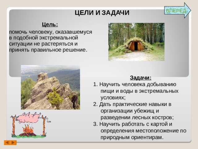 ВПЕРЕД  ЦЕЛИ И ЗАДАЧИ Цель :  помочь человеку , оказавшемуся в подобной экстремальной ситуации не растеряться и принять правильное решение . Задачи: 1. Научить человека добыванию пищи и воды в экстремальных условиях; 2. Дать практические навыки в организации убежищ и разведении лесных костров; 3. Научить работать с картой и определения местоположение по природным ориентирам. 